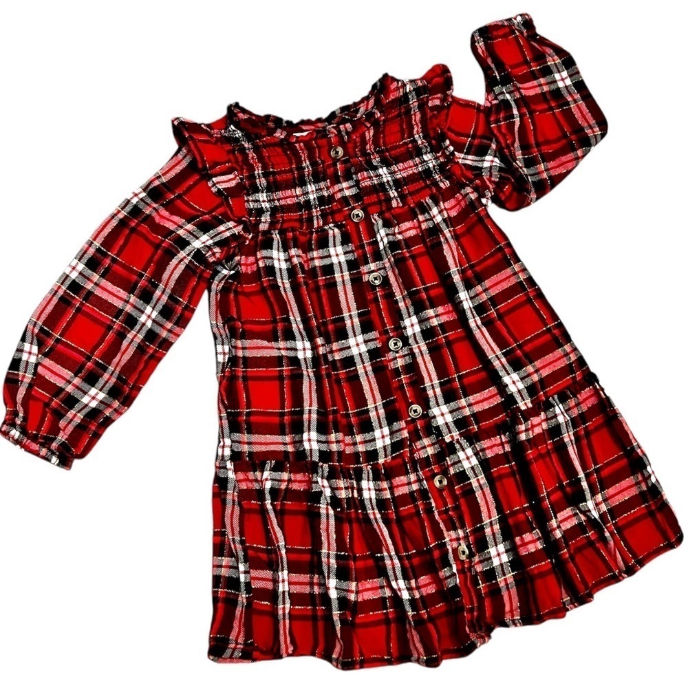 Christmas Holiday Long sleeved Dress Red Black White Gold Plaid Size XS 4-5